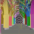 Cartoon Style Gothic Architecture Interior with Arched Columns and Honeycomb Backdrop 3d model