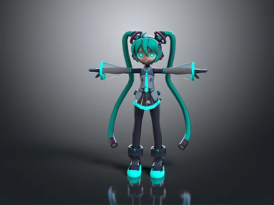 Anime Game Character With Turquoise Twin Tails Futuristic Techwear And Neon Glowing Accents 3d model