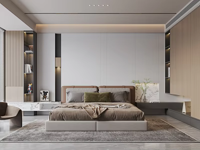Modern Bedroom Interior Design With Plush Bed Soft Rug And Decorative Plant 3d model