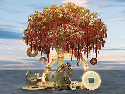 Lucky Golden Tree Photo Spot With Red Decorations Chinese Coins And Fortune Characters 3d model