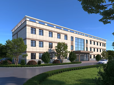 Modern Office Building Exterior With Glass Entrance Lush Trees Lawn Driveway And Parked Car 3d model