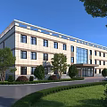 Modern Office Building Exterior With Glass Entrance Lush Trees Lawn Driveway And Parked Car
