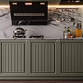 Stylish Sage Green Kitchen With Central Island Marble Backsplash Built In Cabinets And Premium Appliances