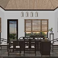 Traditional Chinese Teahouse Interior With Wooden Ceiling Lanterns Tea Shelves And Bamboo Blinds