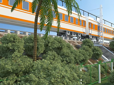 Orange And White Train Traveling On Elevated Rail With Palm Trees And Green Vegetation 3d model