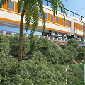 Orange And White Train Traveling On Elevated Rail With Palm Trees And Green Vegetation