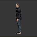 Man Full Body Standing in Gray Background Wearing Black Puffer Jacket and Blue Jeans