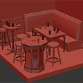 Cartoon Scene of Cozy Indoor Setting With Stone Walls Red Booth Wooden Tables and Stools