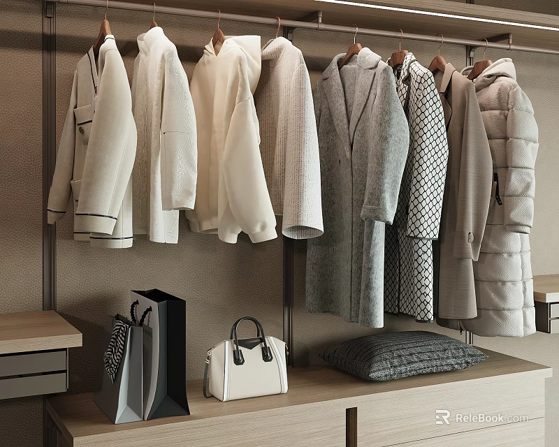 Stylish Hanging White Gray Coats And Outerwear On Display Rack With Bags 3d model 