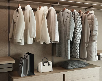 Stylish Hanging White Gray Coats And Outerwear On Display Rack With Bags 3d model