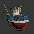 Cartoon Fishing Boat With Blue Red Hull Yellow Cabin Ladder And Life Rings