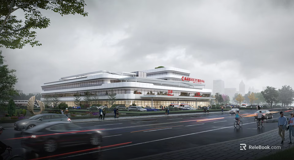 Contemporary Multi Story Commercial Building With Glass Facade And Street Activity 3d model 