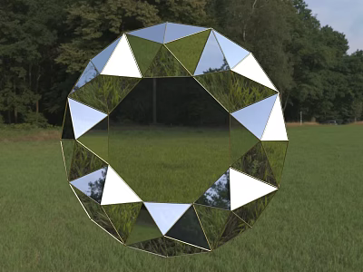 Geometric Round Mirror with Reflective Triangular Sections in Grass Field and Trees 3d model