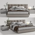 Modern Double Bed with Leather Headboard Beige Bedspread Decorative Pillows and Nightstands
