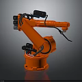 Orange Industrial Robotic Arm with Black Components and Cables on Dark Background