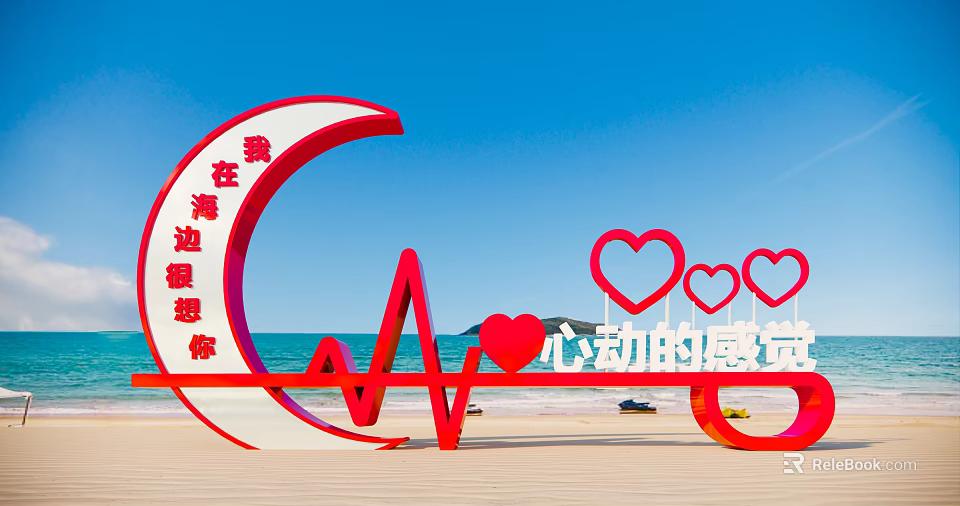 Red Moon Shaped Heart Heartbeat Line Sculpture Photo Spot On Beach With Blue Sea Sky 3d model 
