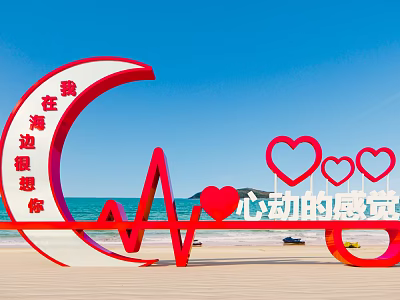 Red Moon Shaped Heart Heartbeat Line Sculpture Photo Spot On Beach With Blue Sea Sky 3d model