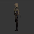 Woman In Stylish Hooded Outfit With Detailed Shoulder Armor Waist Gear And Long Boots