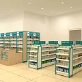 Spacious Pharmacy Store Interior With Well Organized Shelves Green Signs And Medicines