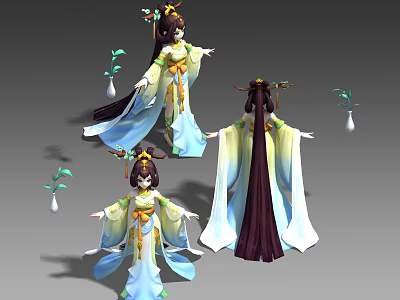Game Movie Female Character Wearing Traditional Hanfu with Long Hair Floral Ornaments and Flowing Ribbons 3d model