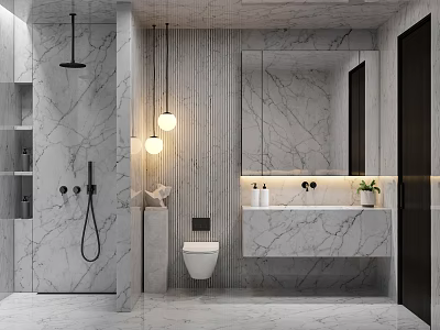 Modern Bathroom Interior With Marble Walls Shower Toilet Vanity Mirror And Hanging Lights 3d model