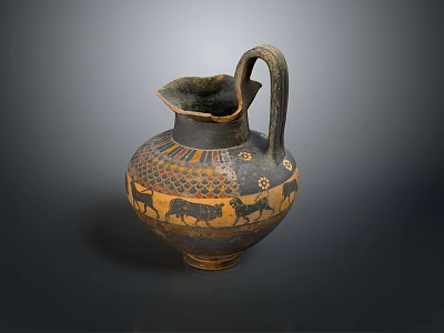 Ancient Ceramic Vase With Curved Handle Animal Motifs And Geometric Patterns 3d model