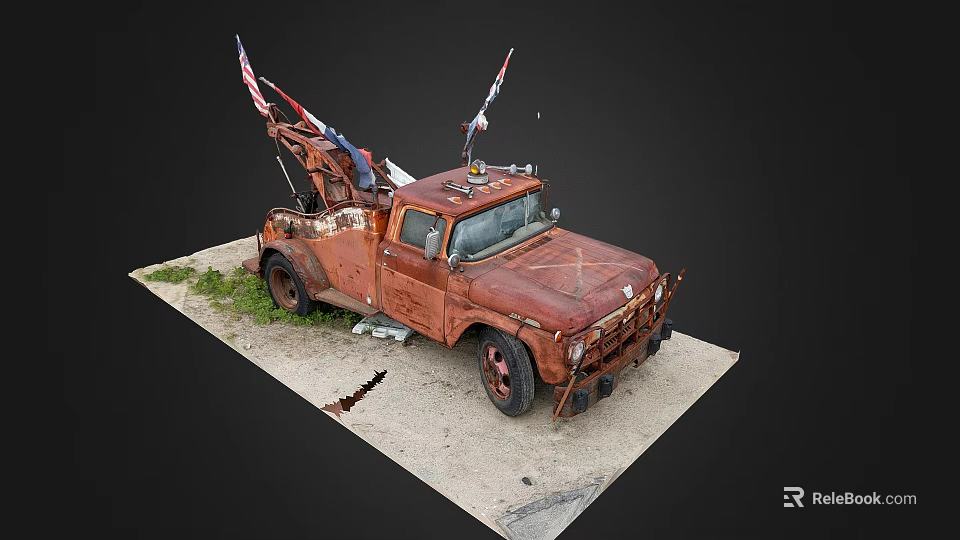 Rusty Old Tow Truck With American Flags On Dirt Ground And Grass 3d model 