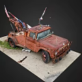 Rusty Old Tow Truck With American Flags On Dirt Ground And Grass