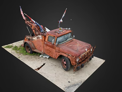 Rusty Old Tow Truck With American Flags On Dirt Ground And Grass 3d model