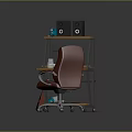 Wooden Desk Setup With Red Office Chair Laptop Speakers And Guitar