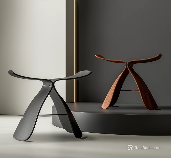 Modern Black And Brown Stools With Crossed Legs On Display Platform 3d model 