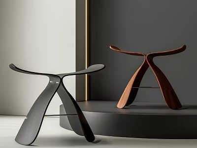 Modern Black And Brown Stools With Crossed Legs On Display Platform 3d model