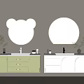 Bathroom Vanity with Light Green and White Cabinets Bear Ear Shaped and Round Mirrors Small Potted Plants