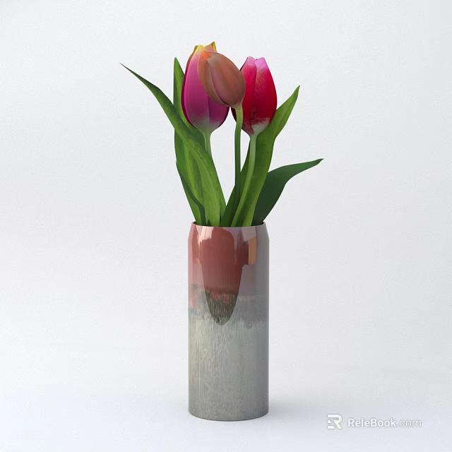 Beautiful Gradual Color Vase With Pink And Red Tulips And Green Leaves 3d model 
