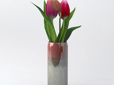 Beautiful Gradual Color Vase With Pink And Red Tulips And Green Leaves 3d model