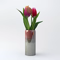 Beautiful Gradual Color Vase With Pink And Red Tulips And Green Leaves