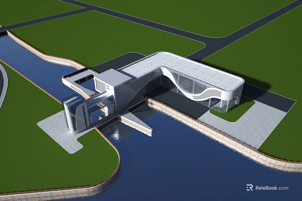 Modern Waterfront Architectural Building With Curved Design Green Lawns And Roads 3d model 