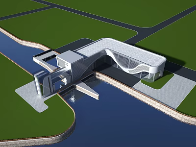 Modern Waterfront Architectural Building With Curved Design Green Lawns And Roads 3d model