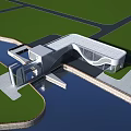 Modern Waterfront Architectural Building With Curved Design Green Lawns And Roads