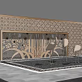 Decorative Feature Wall With Patterned Surface And Crane Sculptures On Tiled Floor 3d model