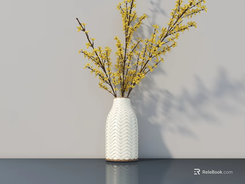 White Woven Pattern Vase With Yellow Flowering Branches On Dark Tabletop Against Grey Wall 3d model 