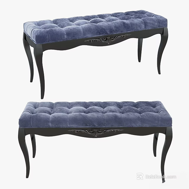 Blue Velvet Upholstered Bench With Black Carved Legs And Tufted Design 3d model 
