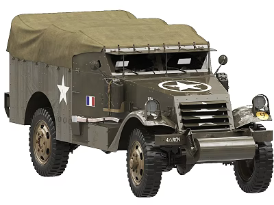 Vintage Olive Green Military Truck With Canvas Top White Star And French Flag Decal 3d model