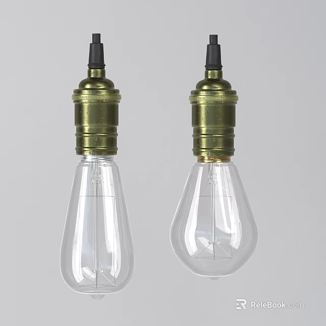 Vintage Two Pendant Lights With Brass Lamp Holders And Transparent Pear Shaped Bulbs 3d model 
