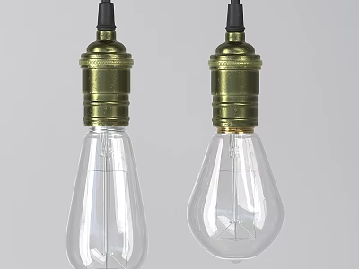 Vintage Two Pendant Lights With Brass Lamp Holders And Transparent Pear Shaped Bulbs 3d model