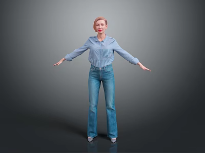 A Woman In Blue Shirt And Blue Jeans With Arms Outstretched Standing Against Gray Background 3d model