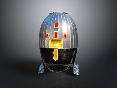 Medieval Silver Metallic Armor Helmet Weapon With Red Accents Golden Details And Chain Mail Base 3d model
