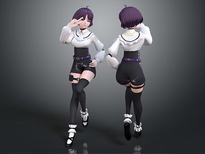 Anime Female Characters With Purple Short Hair White Tops Black Shorts Front Back Poses 3d model