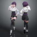 Anime Female Characters With Purple Short Hair White Tops Black Shorts Front Back Poses