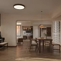 Modern Living Dining Room Featuring Large Screen Projecting Titanic Ceiling Fan And Open Kitchen